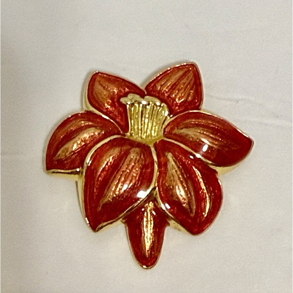 Vintage Red Enamel Flower Brooch Gold Tone Floral Pin Costume Jewelry